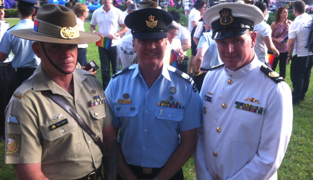 Three of the ADF’s most senior officers marched in this year's Sydney Gay and Lesbian Mardi Gras Parade. (L-R:) Army regimental sergeant major David Ashley, Air Force warrant officer Mark Pentreath and Navy warrant officer Martin Holzberger.
