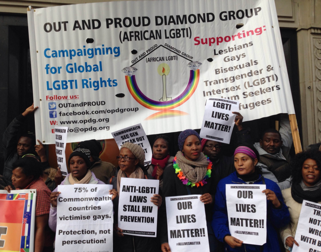 Protestors rally outside the Commonwealth headquarters in London on Thursday ahead of the 2015 CHOGM in Malta. (Photo supplied by the Peter Tatchell Foundation)
