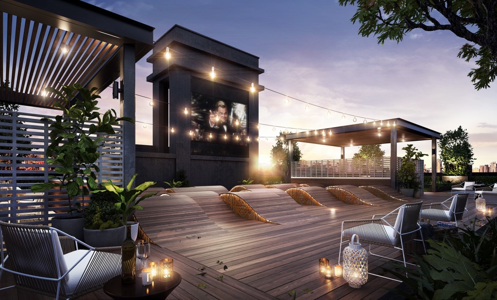 Rooftop outdoor cinema and BBQ area for apartment residents at The Burcham