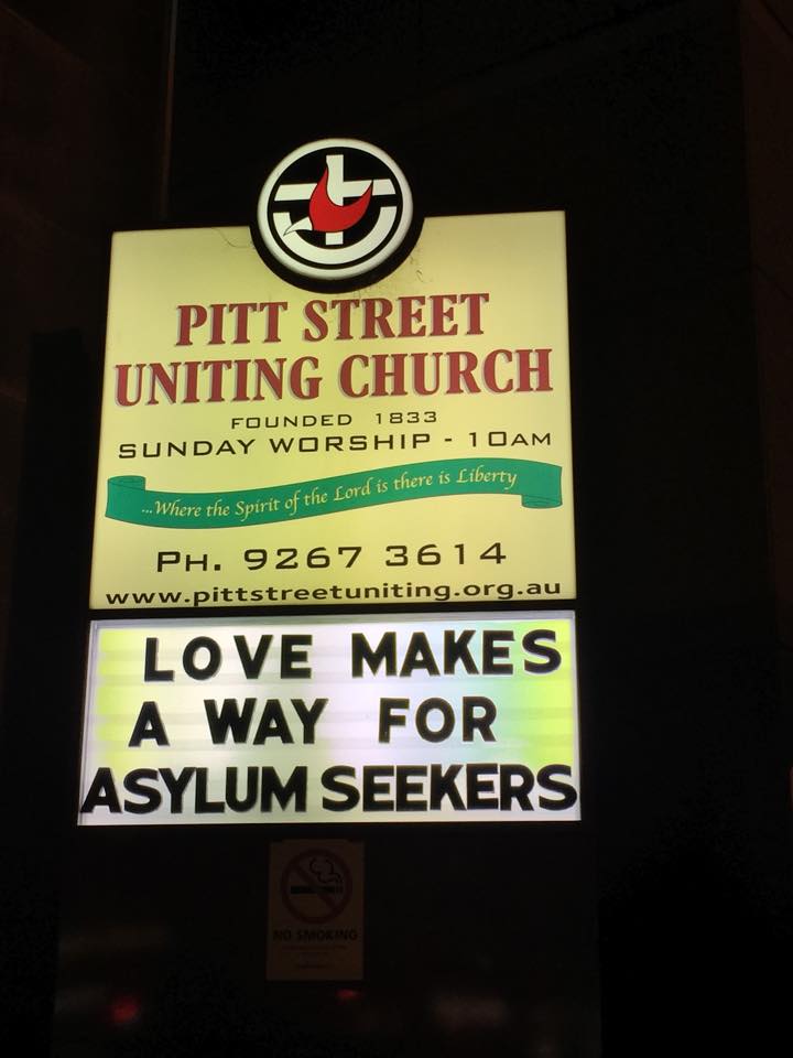 A sign outside Pitt St Uniting Church last year. Photo: Facebook