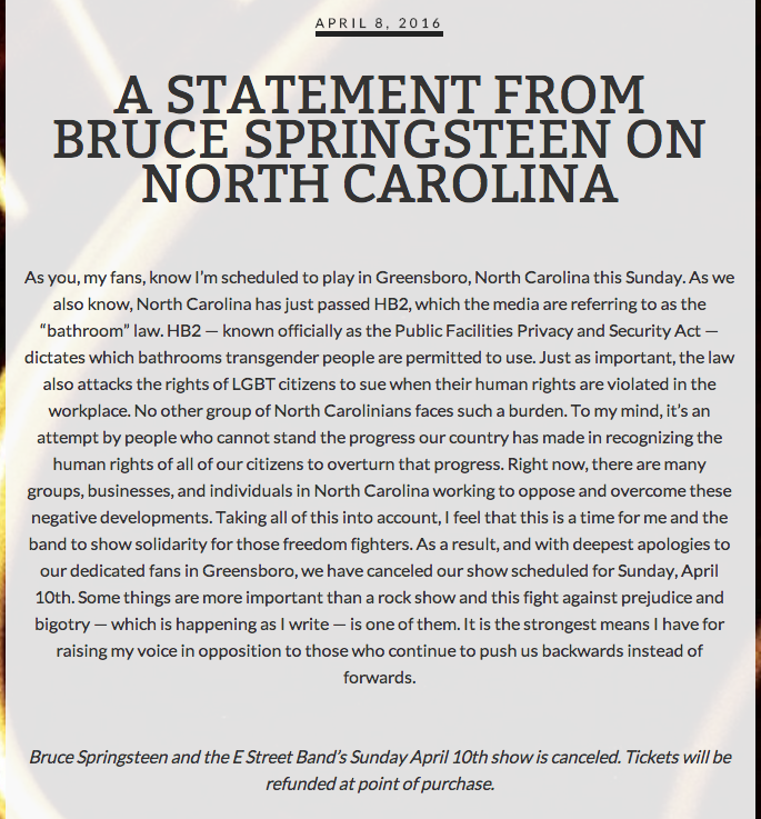 The statement on Bruce Springsteen's website.