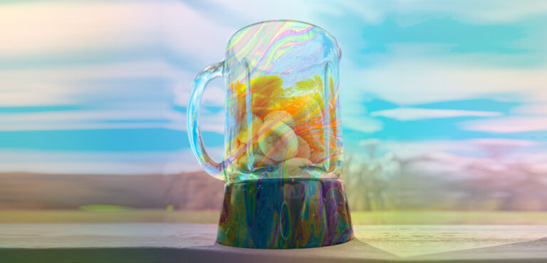 A blender full of fruit sits in front of a sky and landscape. Overlaid with rainbow filters