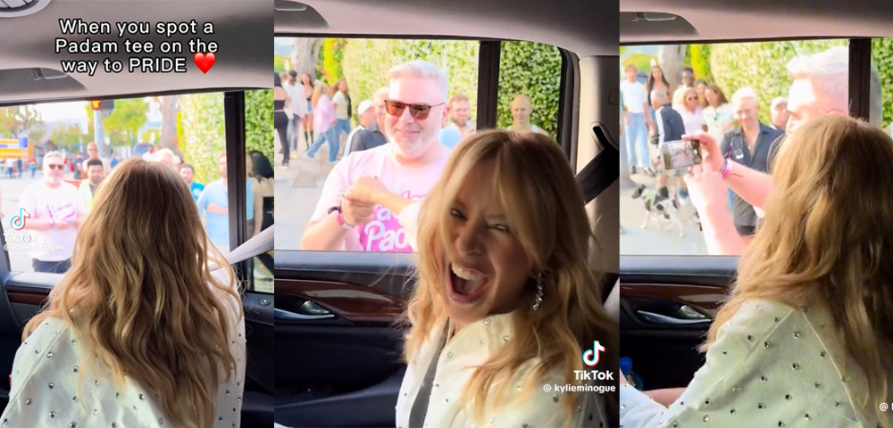 Kylie Minogue Stops Shocked Fan Wearing ‘Padam Padam’ Shirt On The Street At Pride